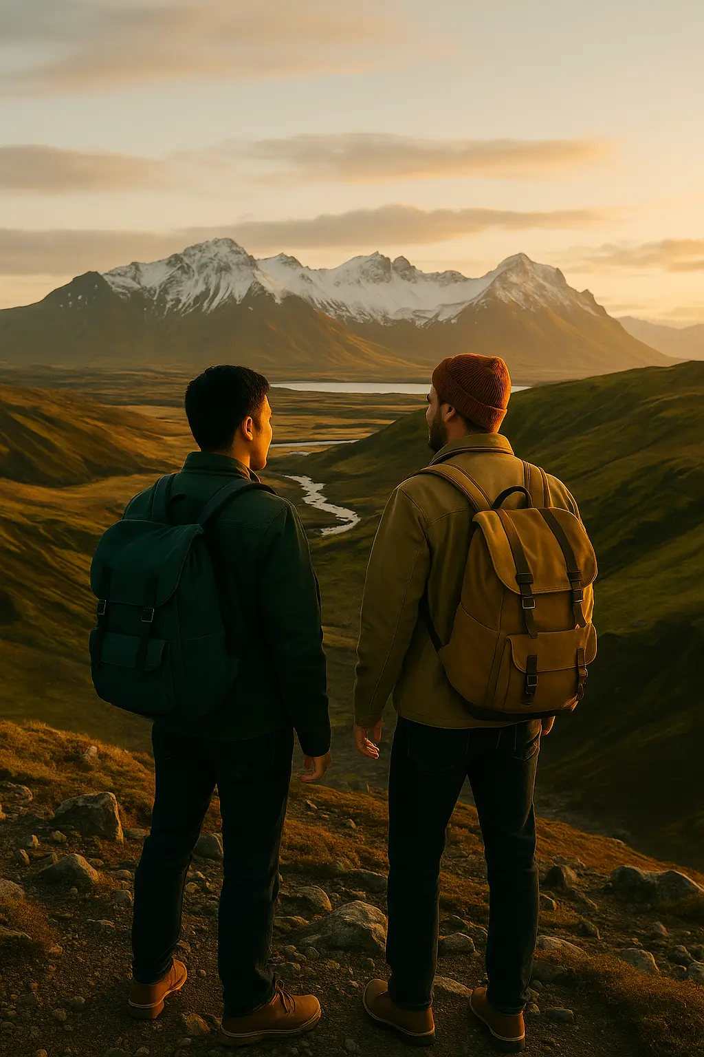 Two friends traveling in Iceland with mountains in the distance
