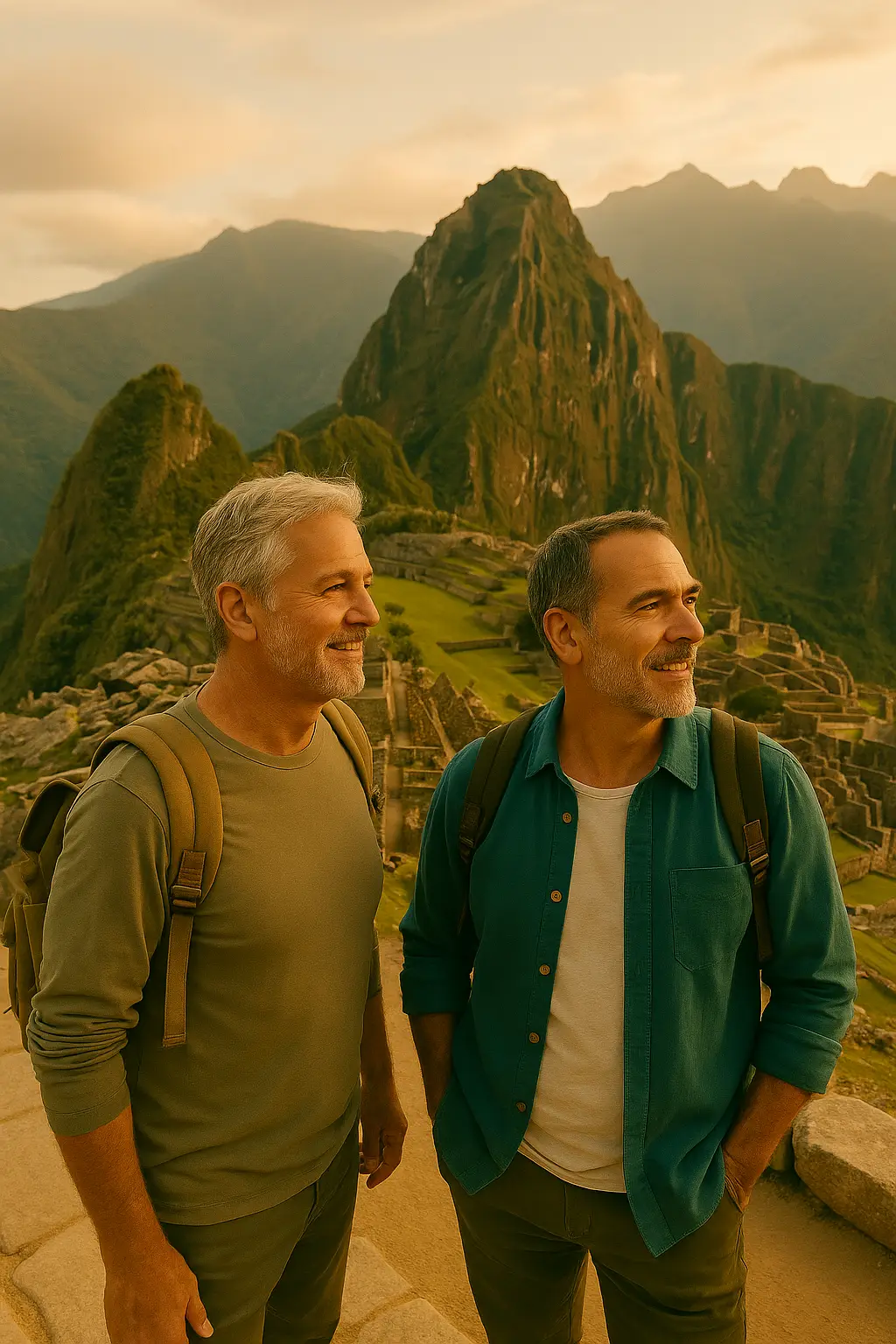 Two men traveling with Matchu Pichu in the background