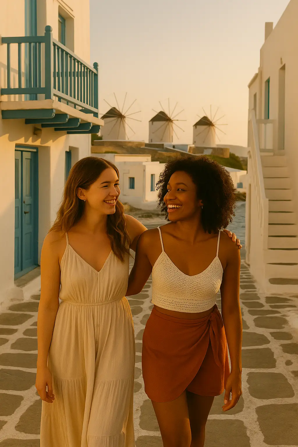 Two women traveling together in Greece with windmills in the distance