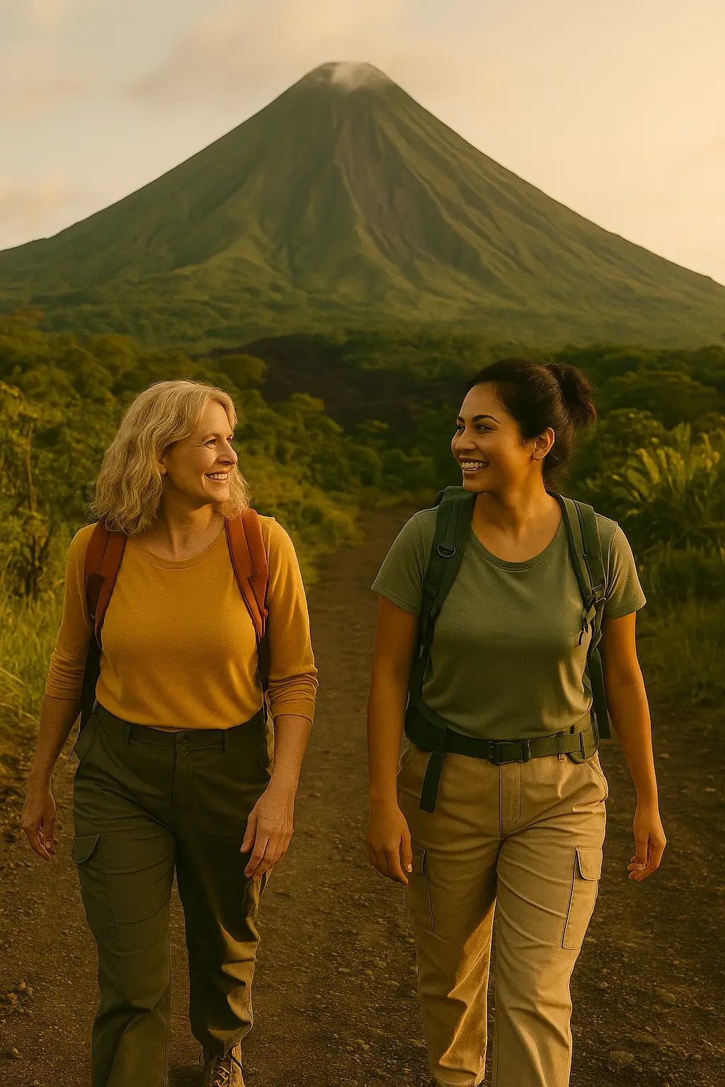 Two women hiking with a volcano in the distance