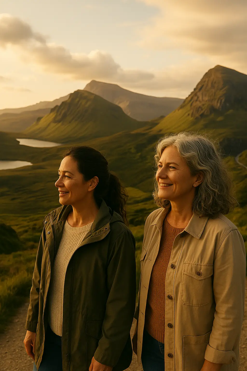 Two women hiking in a green highland valley, smiling