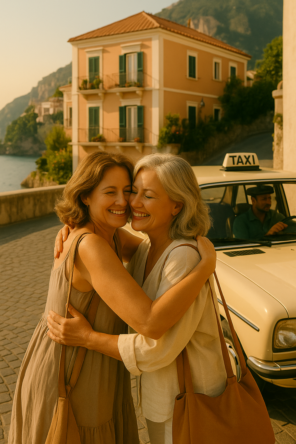 Roamates hugging goodbye after their trip in Italy